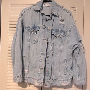 Zara Denim Oversized Distressed Jacket Light Blue Size Medium.